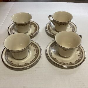 Set of 4 Vintage Lenox Lace Point Tea/Coffee Cups And Saucers Platinum Trim